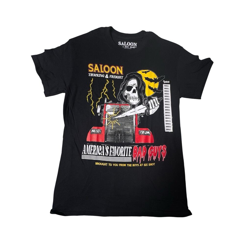 Six Shot Saloon Trucker Graphic T-Shirt Skull Semi Truck Biker Black Mens Small